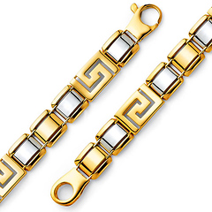 Men's 10mm 14K Two-Tone Gold Fancy Greek Key Square Link Bracelet 8in