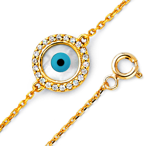 Floating CZ Round Evil Eye Charm Link Bracelet - 14K Yellow Gold Slide 0