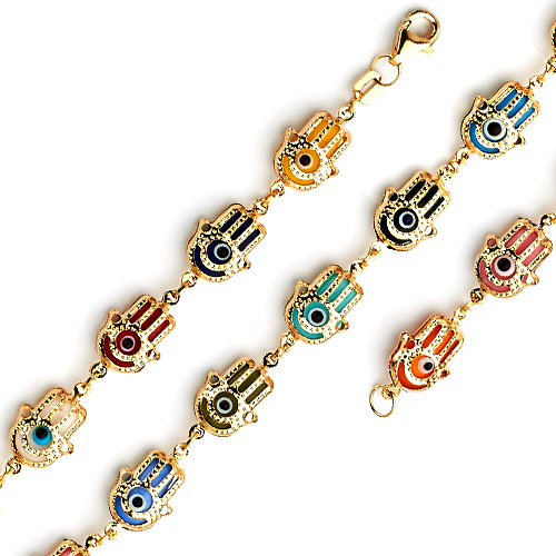 Multicolored Hamsa Evil Eye Charms Bracelet - 14K Yellow Gold 7.5in Slide 0