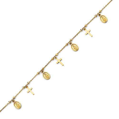 Cross & Our Lady of Guadalupe Medal Charm Bracelet in 14K Yellow Gold Solid Slide 0
