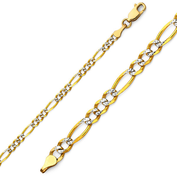 3mm 14K Two-Tone Gold White Pave Figaro Link Chain Bracelet 7in Slide 0