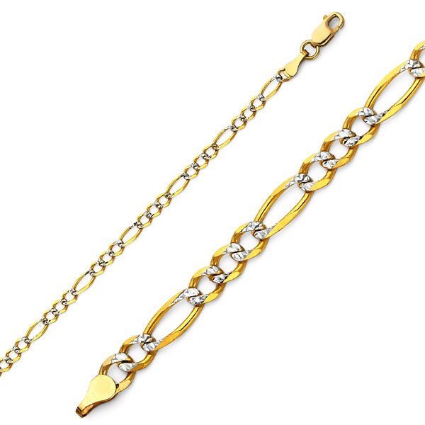2.5mm 14K Two-Tone Gold White Pave Figaro Link Chain Bracelet 7in Slide 0
