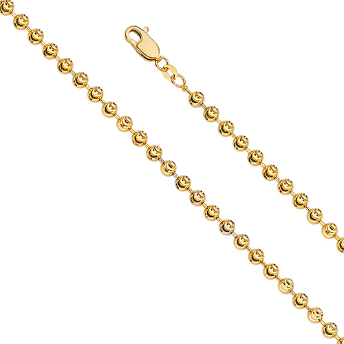 2.5mm-4mm Men's Real Solid 14k Yellow Gold Moon Cut Beaded Ball Chain  Necklace