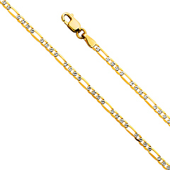2.5mm 14K Yellow Gold Solid Figaro 3+1 Fancy White Pave Chain Necklace 16-24in