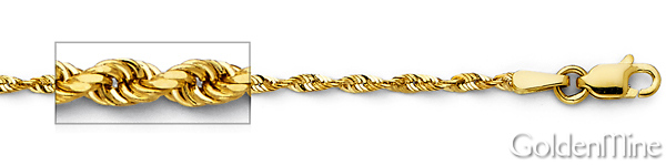 2mm 14K Yellow Gold Solid Diamond-Cut Rope Chain Necklace 16-24in Slide 1