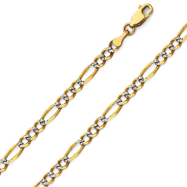 3mm 14K Two Tone Gold White Pave Figaro Link Chain Necklace 16-24in Slide 0