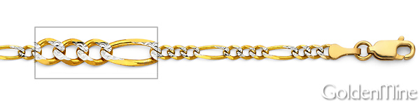 3mm 14K Two-Tone Gold White Pave Figaro Link Chain Bracelet 7in Slide 1