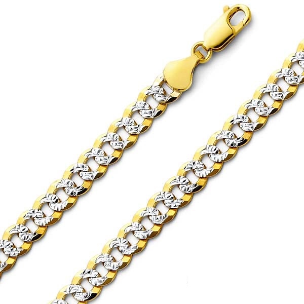 7mm 14K Two Tone Gold Men's White Pave Curb Cuban Link Chain Necklace ...