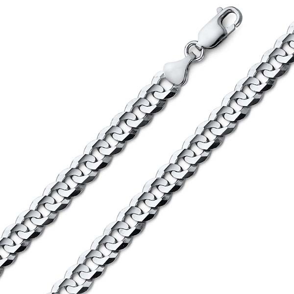 7mm 18K White Gold Men's Concave Curb Cuban Link Chain Necklace 22-30in Slide 0