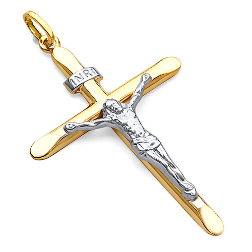 Large Tapered Crucifix Pendant in 14K Two-Tone Gold - Classic Slide 0