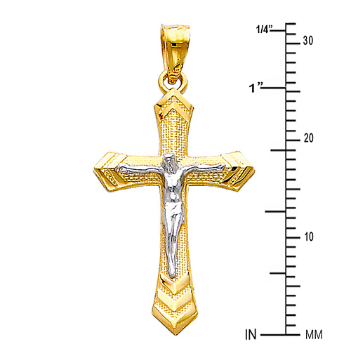 Small Fancy Edge Textured Crucifix Pendant in 14K Two-Tone Gold Slide 1