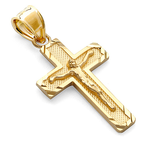 Petite Diamond-Cut Edge Crucifix Pendant in 14K Yellow Gold Slide 0