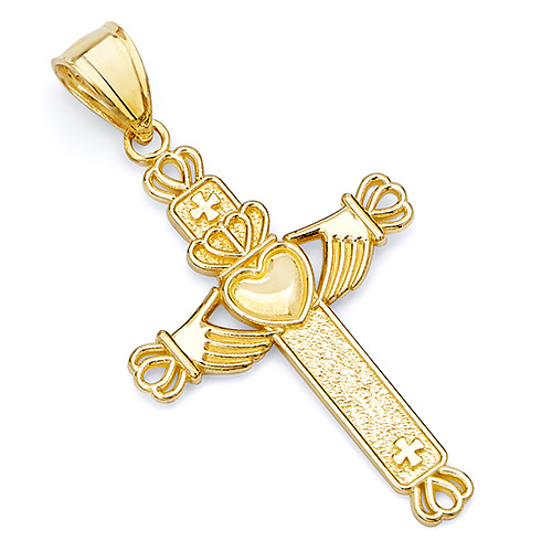 Small Claddagh Cross Pendant in 14K Yellow Gold Slide 0