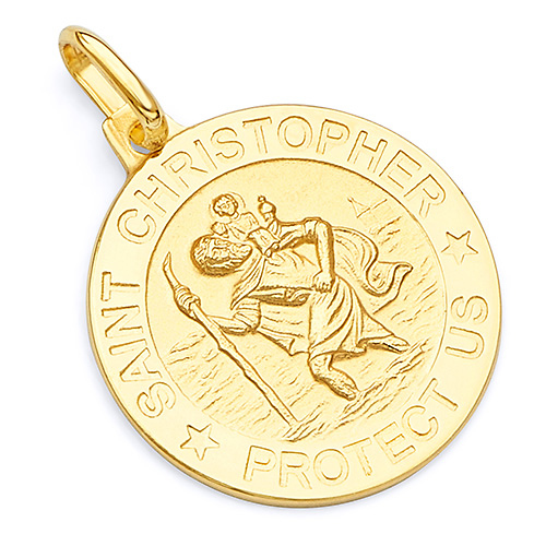 Saint Christopher Round Medal Pendant in 14K Yellow Gold 20mm Slide 0