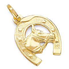 Horse with Horseshoe Charm Pendant - 14K Yellow Gold