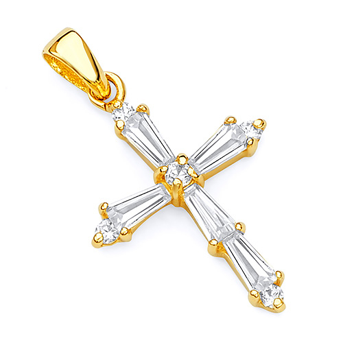 Petite Tapered Baguette CZ Cross Pendant in 14K Yellow Gold Slide 0