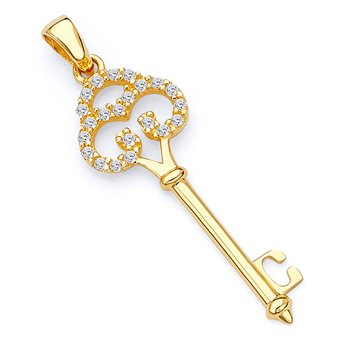 Antique-Style Filigree Cubic Zirconia Key Pendant in 14K Yellow Gold - Small Slide 0