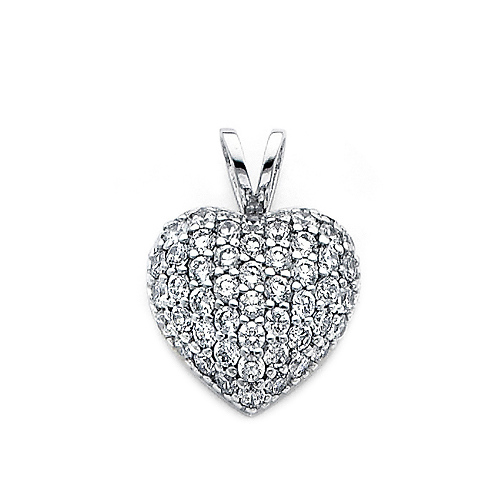 14K White Gold CZ Puff Heart Pendant Slide 0