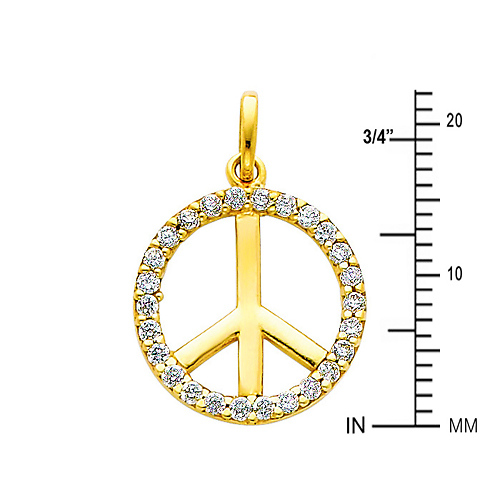 14K Yellow Gold Peace Sign CZ Cubic Zirconia Charm Pendant Slide 1