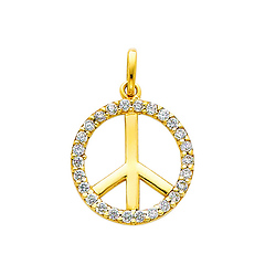 14K Yellow Gold Peace Sign CZ Cubic Zirconia Charm Pendant