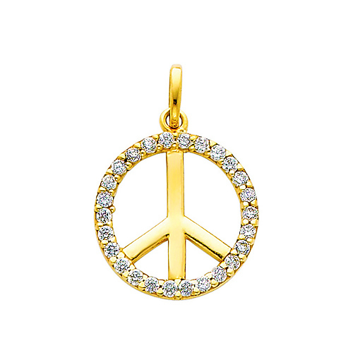 14K Yellow Gold Peace Sign CZ Cubic Zirconia Charm Pendant Slide 0