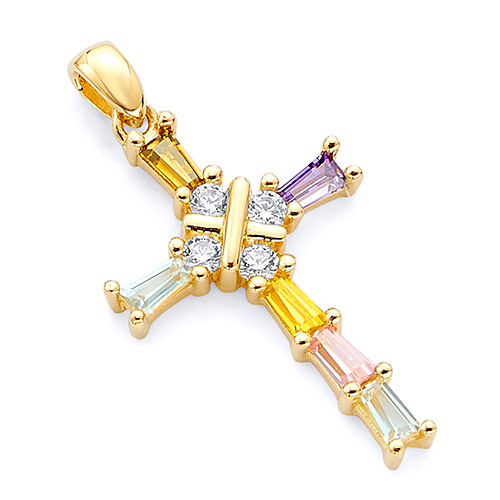 Small Multicolored CZ Tapered Cross Pendant in 14K Yellow Gold Slide 0