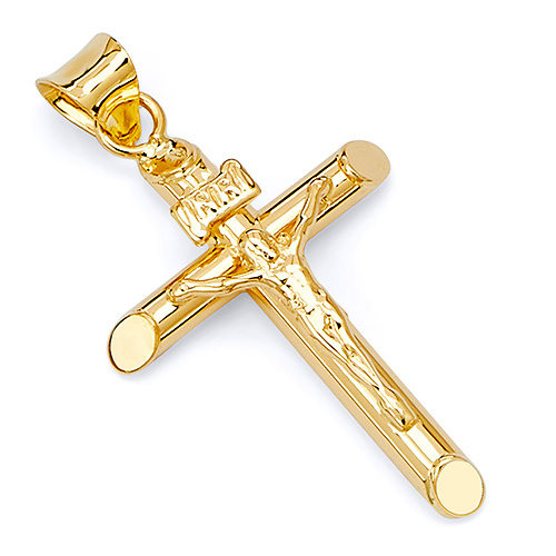 Small Rod Crucifix Pendant in 14K Yellow Gold - Classic Slide 0
