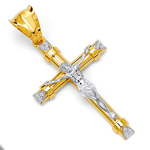 Large Trinity CZ Crucifix Pendant in 14K Two-Tone Gold Slide 0