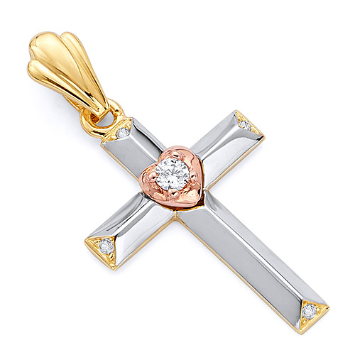 Small CZ Heart Cross Pendant in 14K Tricolor Gold Slide 0