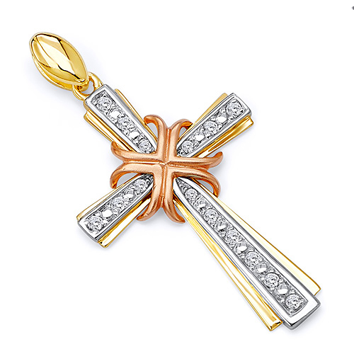 Medium Round CZ Cross Pendant in 14K Tricolor Gold Slide 0