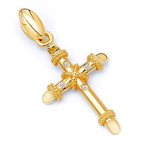 Small CZ Rope Cross Pendant in 14K Yellow Gold Slide 0