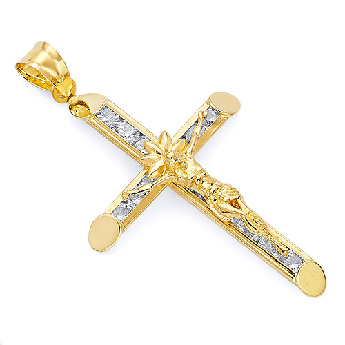 Large Floral Channel-Set CZ Crucifix Pendant in 14K Yellow Gold Slide 0