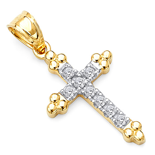 Petite Budded Pave CZ Cross Pendant in 14K Two-Tone Gold Slide 0