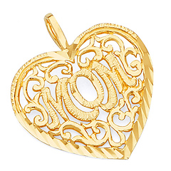 Filigree Mom Heart Pendant in 14K Yellow Gold