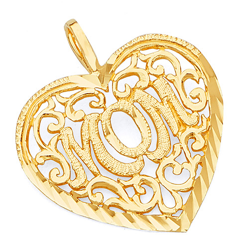 Filigree Mom Heart Pendant in 14K Yellow Gold Slide 0