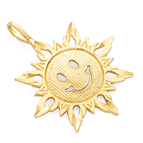 Textured Smiling Happy Face Sun Pendant in 14K Yellow Gold - Small Slide 0