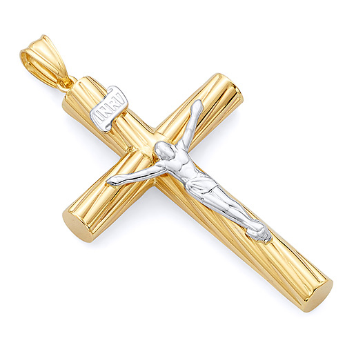 14K Two-Tone Gold Wood-Design Rod Crucifix Pendant - Small Slide 0