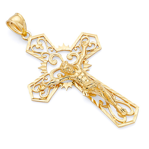 Large Open Heart Filigree Crucifix Pendant in 14K Yellow Gold Slide 0