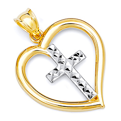 14K TwoTone Gold Heart Pendant with Cross Religious