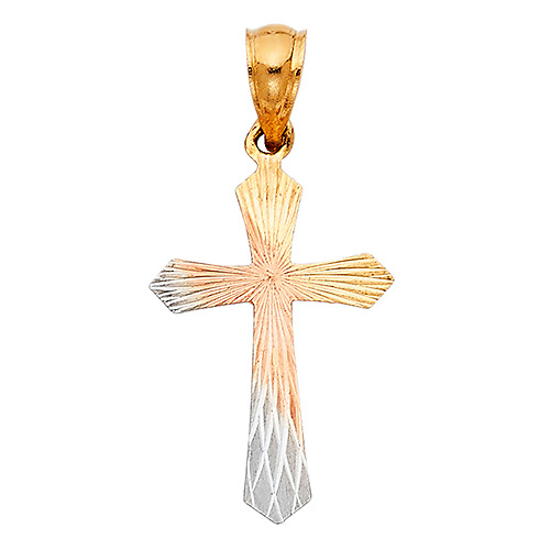 Small Diamond-Cut Stamp Passion Cross Pendant in 14K Tricolor Slide 1