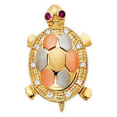 CZ Smooth Open Shell Baby Turtle Pendant in 14K Tricolor Gold - Medium