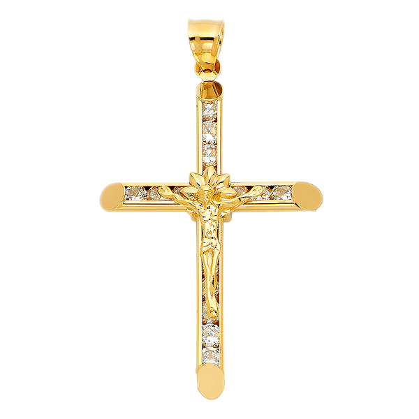 Large Floral Channel-Set CZ Crucifix Pendant in 14K Yellow Gold Slide 1