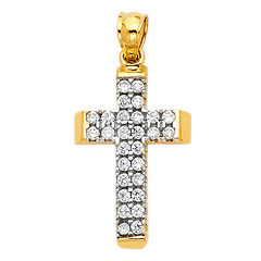 Petite Beveled Edge Wide CZ Cross Pendant in 14K TwoTone Gold