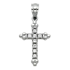 Petite Budded Pave CZ Cross Pendant in 14K White Gold