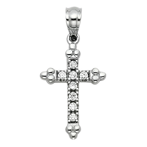Petite Budded Pave CZ Cross Pendant in 14K White Gold Slide 0