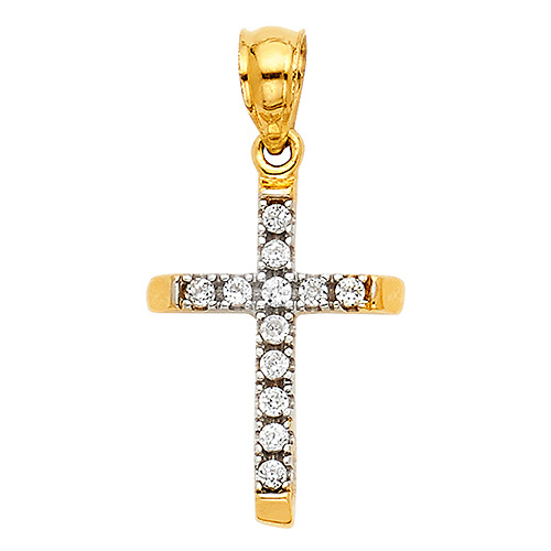 Petite Beveled Edge Slender CZ Cross Pendant in 14K Two-Tone Slide 1