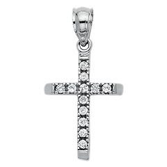 Petite Beveled Edge Slender CZ Cross Pendant in 14K White Gold