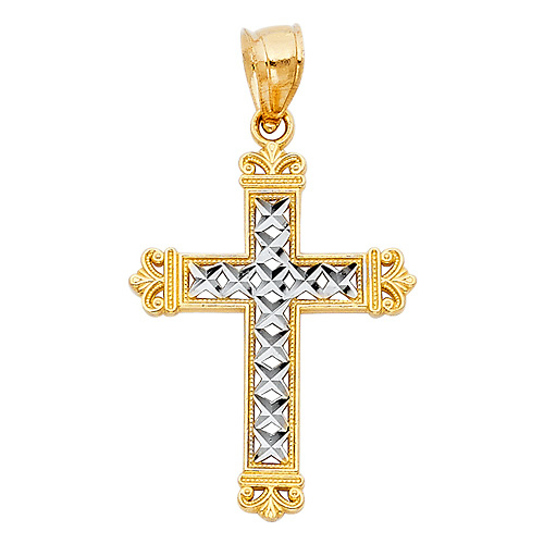 Small Fleur-de-lis Cross Pendant in 14K Two Tone Gold Slide 0