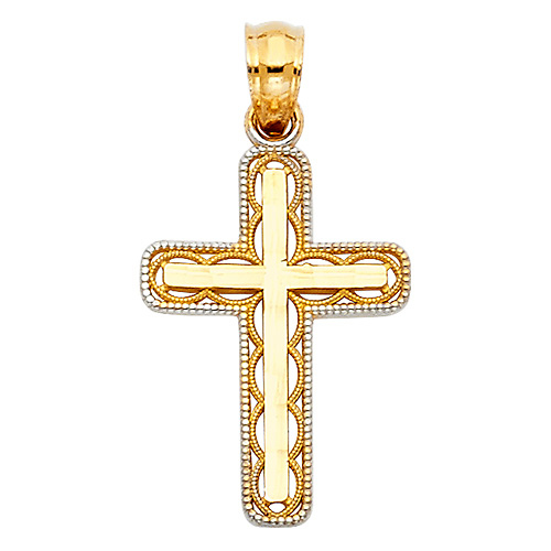 Petite Fancy Milgrain Cross Pendant in 14K Two-Tone Gold Slide 0