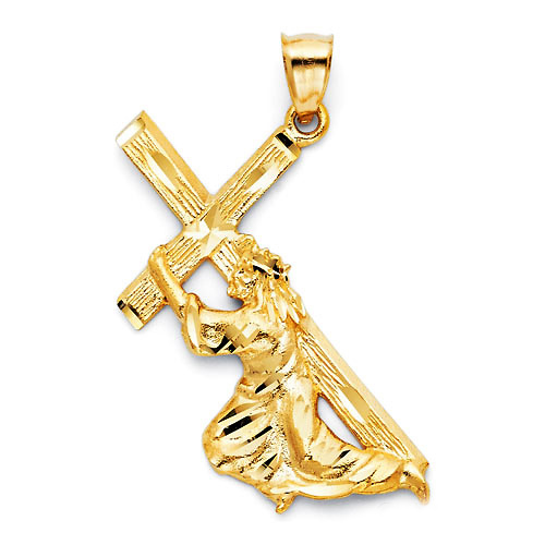 Large Jesus Carrying Cross Crucifix Pendant in 14K Yellow Gold Slide 0